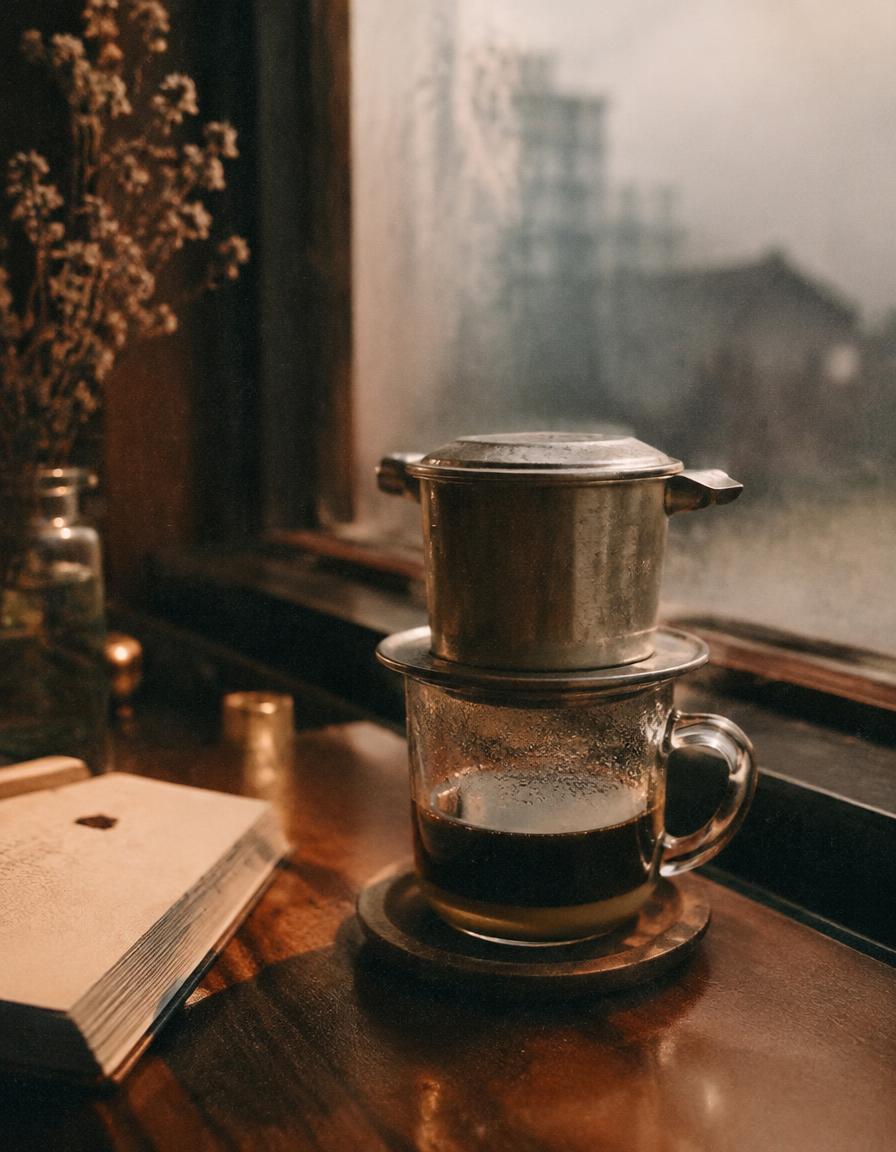 Vietnamese phin coffee dripping by a rainy window