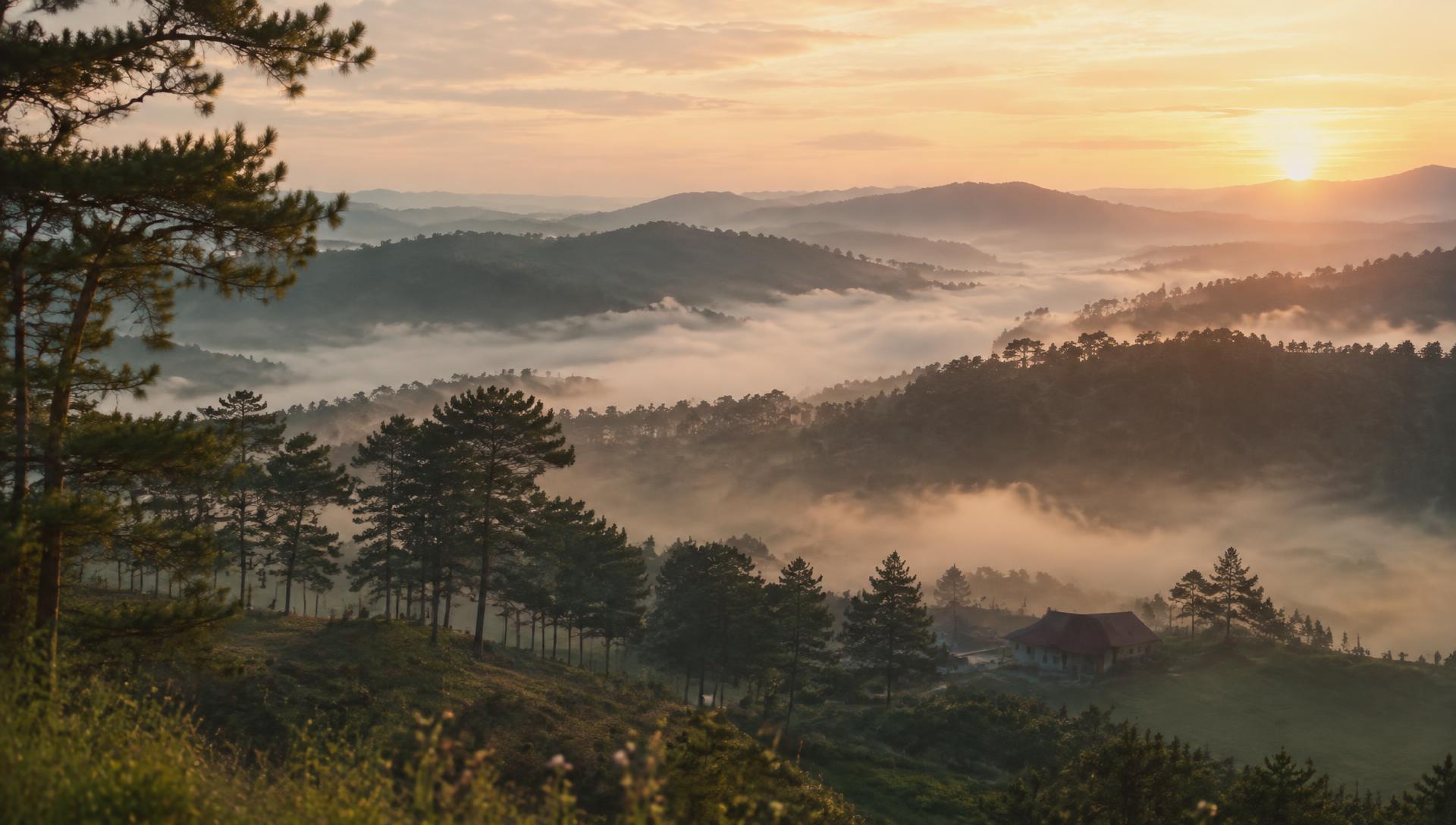 Misty pine highlands of Da Lat at dawn